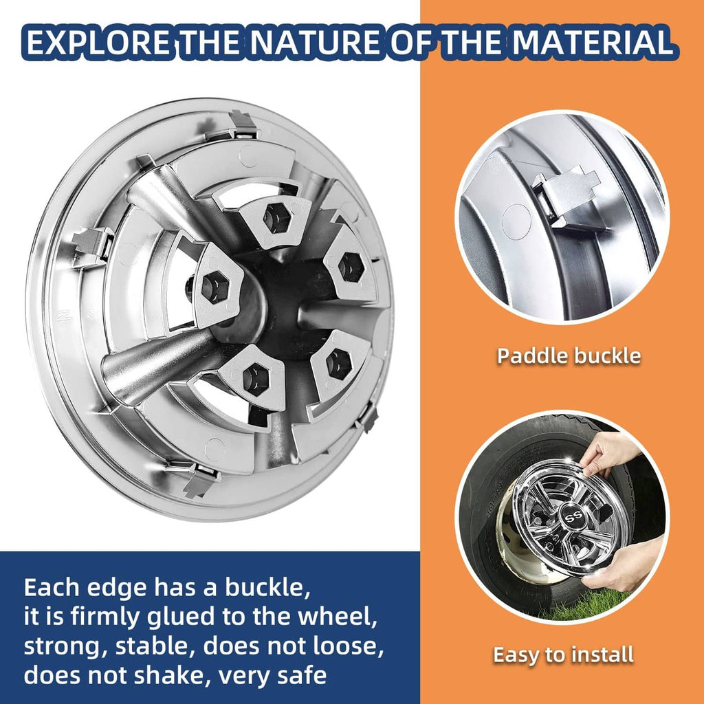 Chrome hubcap underside detail with clips and buckle points for secure wheel fit