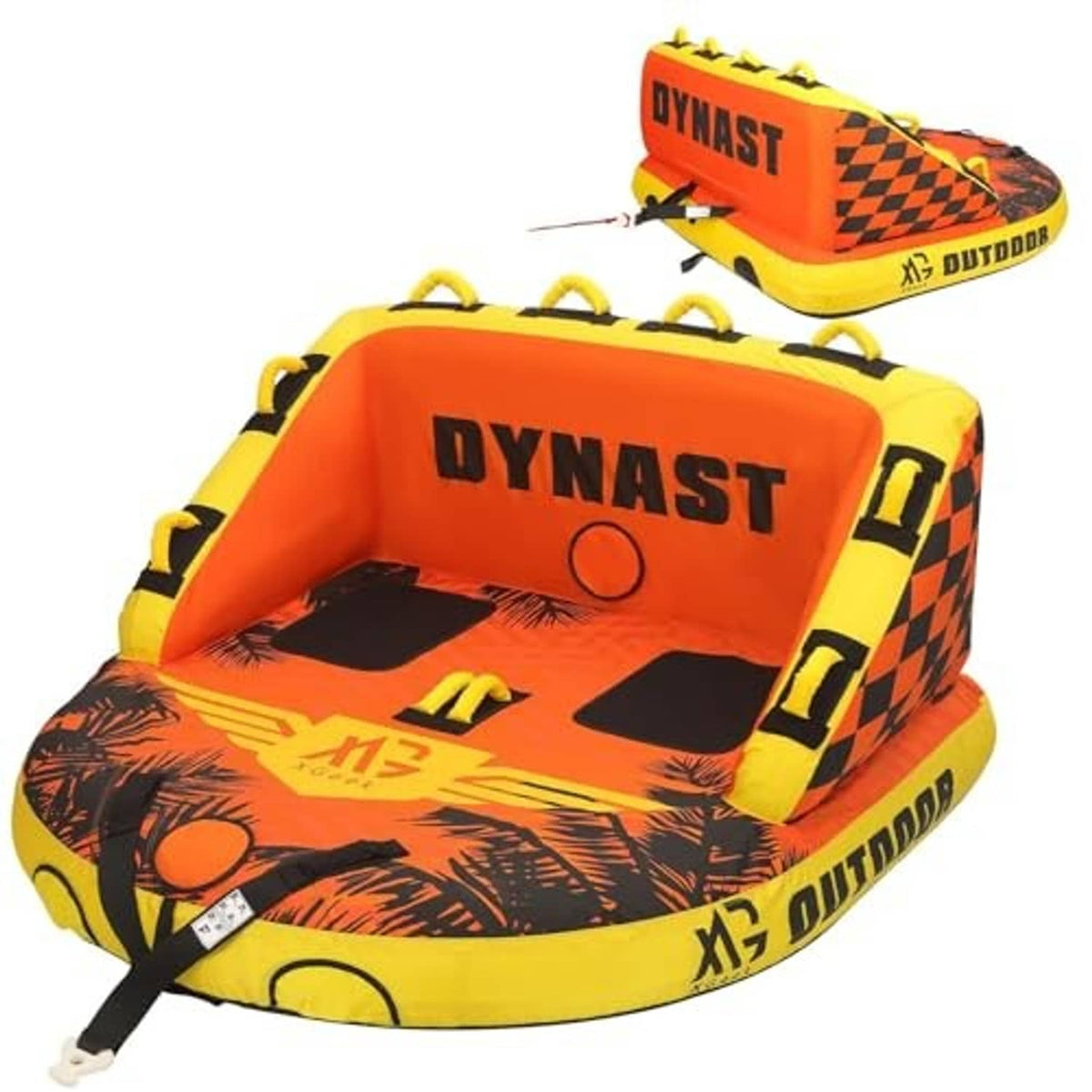 Orange and yellow DYNAST inflatable towable tube with two front seats and rope handles
