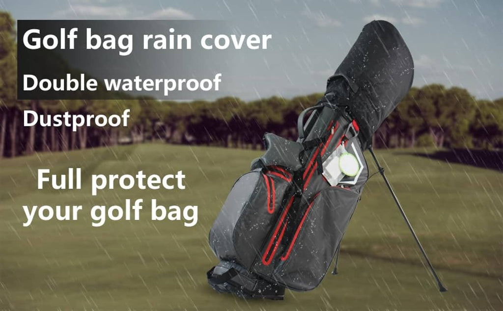 Black golf bag rain cover with full-coverage hood on a standing golf bag