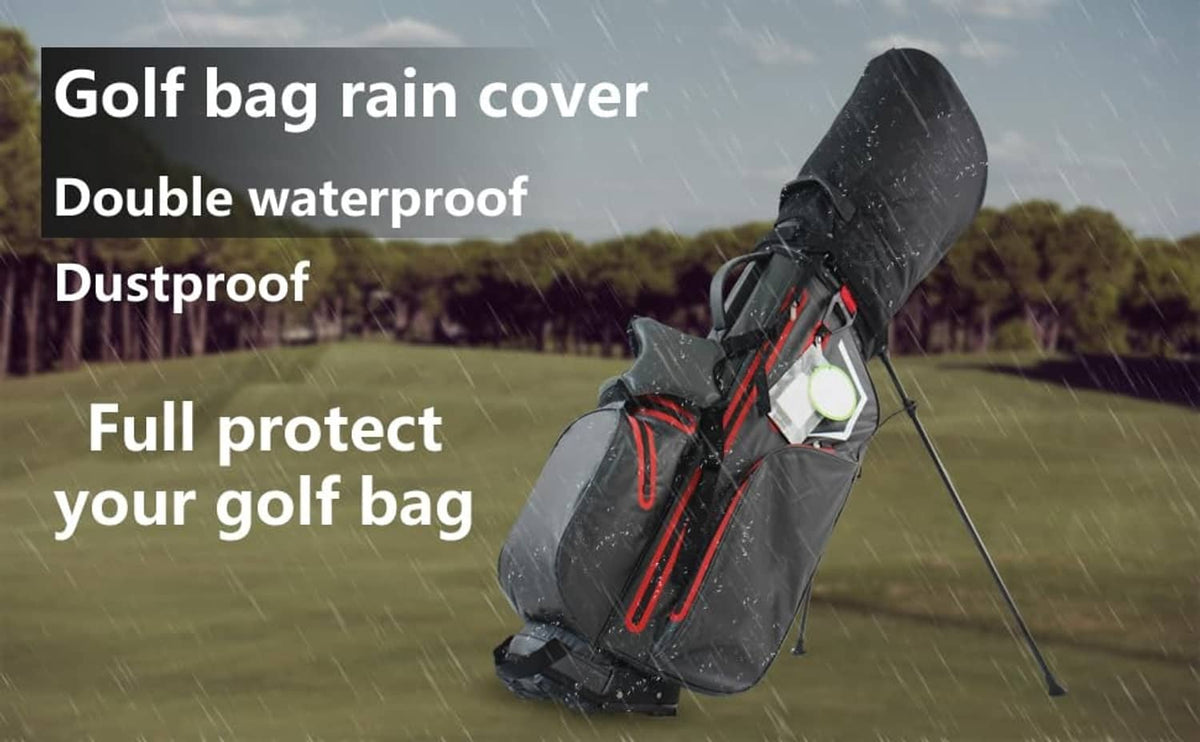 Black golf bag rain cover with full-coverage hood on a standing golf bag