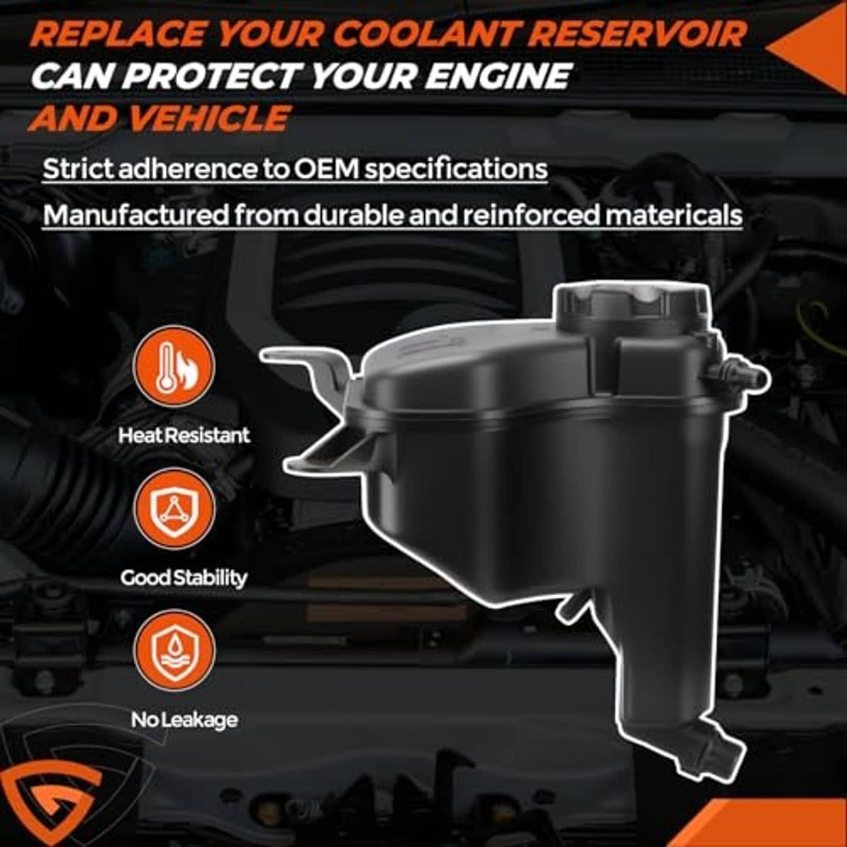 Coolant reservoir tank with heat-resistant design icons in engine bay diagram