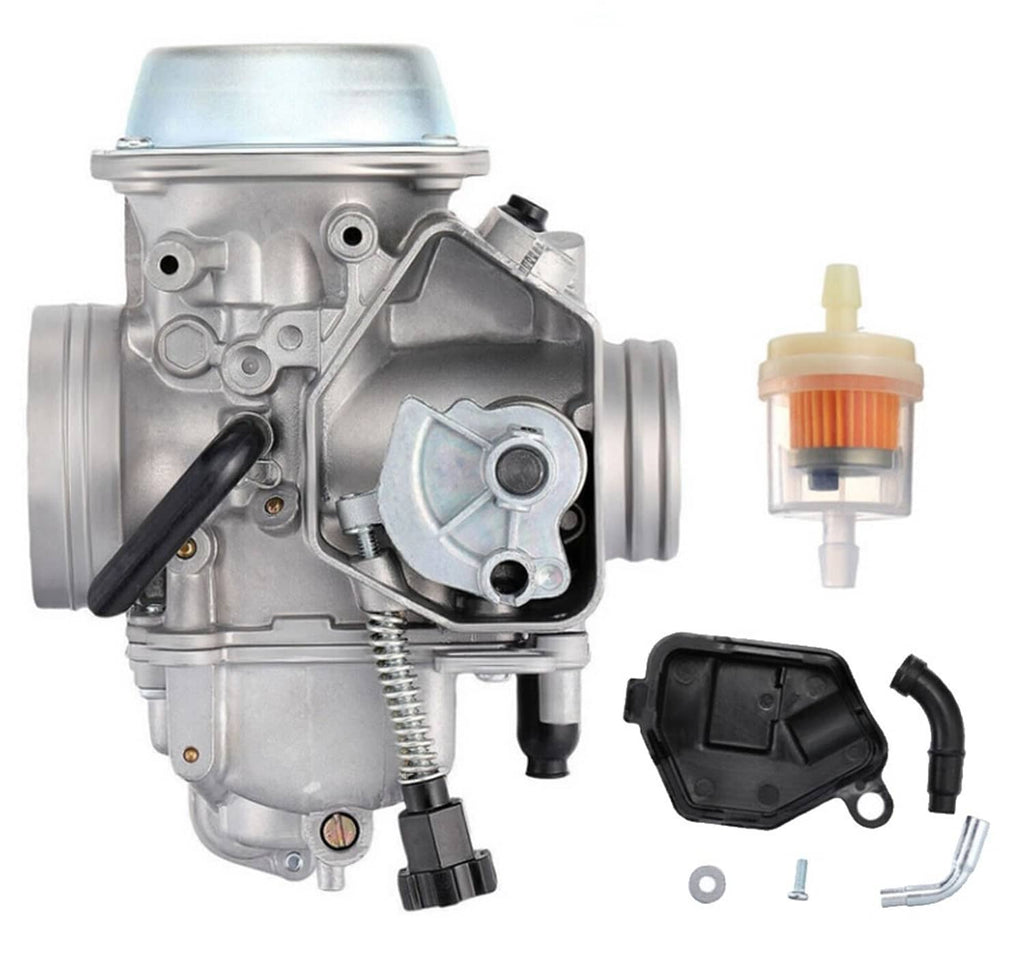 Carburetor assembly with metal body, black choke lever, and mounted throttle components
