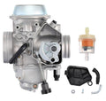 Carburetor assembly with metal body, black choke lever, and mounted throttle components