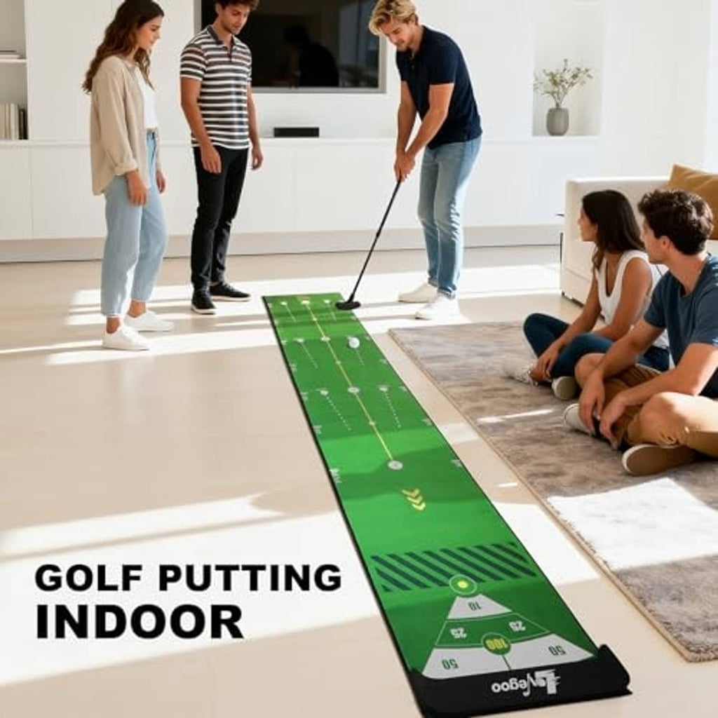 Green indoor golf putting practice mat with alignment markings for home drills