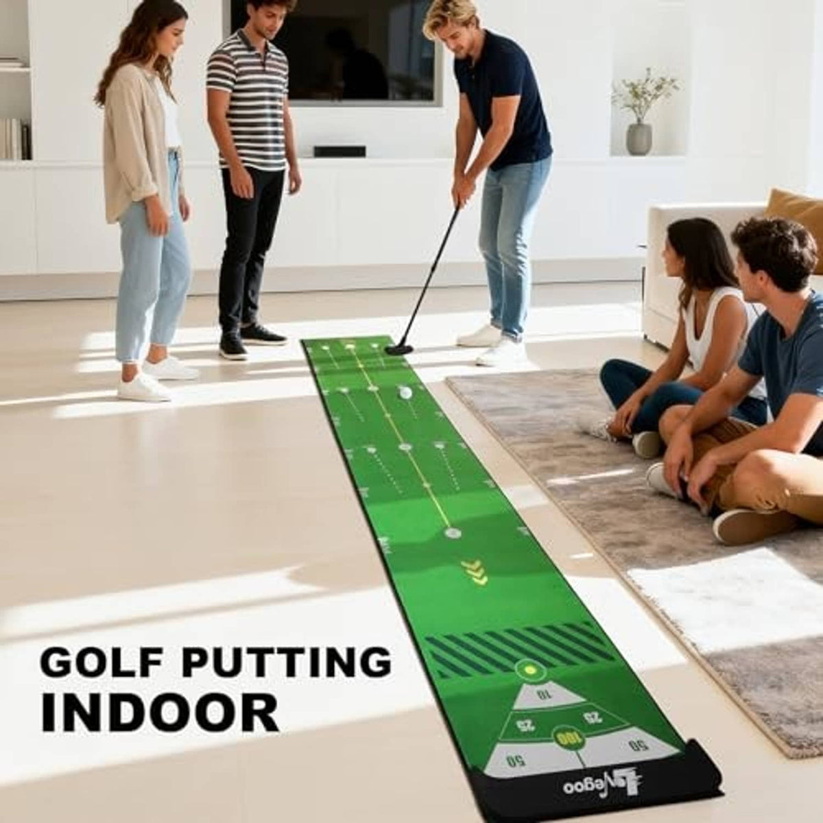 Green indoor golf putting practice mat with alignment markings for home drills