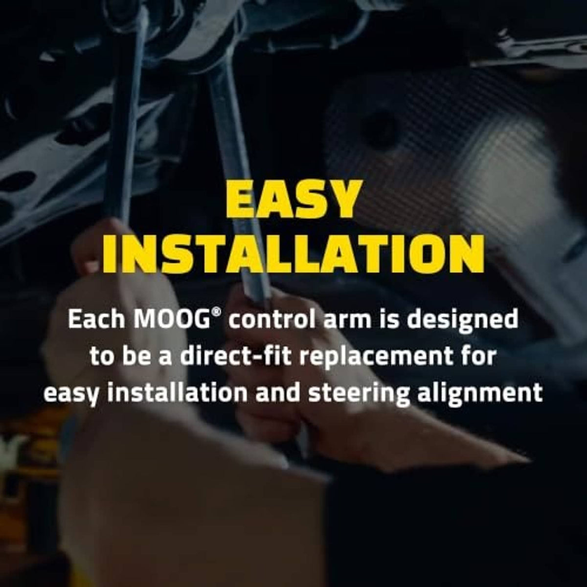 Control arm installation under a vehicle, mechanic hand near suspension mounting area
