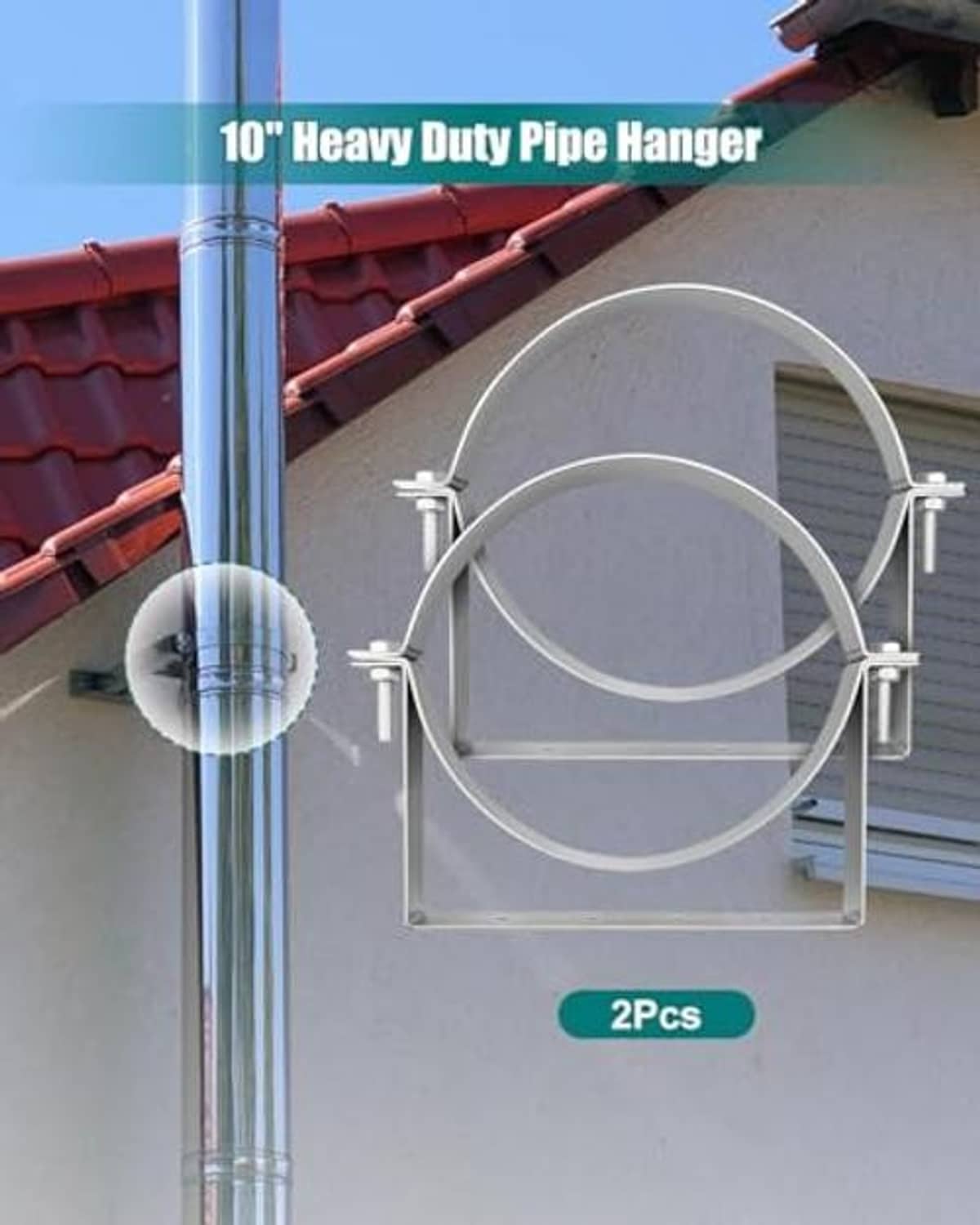 Heavy-duty steel pipe hanger bracket with split-ring mounts for vent pipe