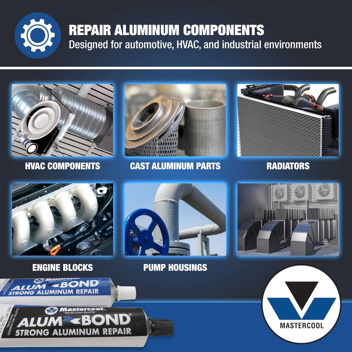Mastercool ALUM-BOND aluminum repair compound tubes with automotive, HVAC, and radiator icons