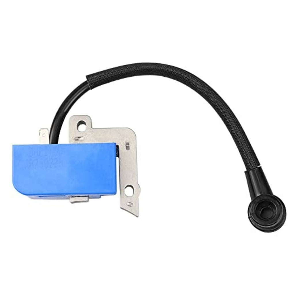 Ignition coil module with metal bracket, blue cover, black wire, and rubber boot