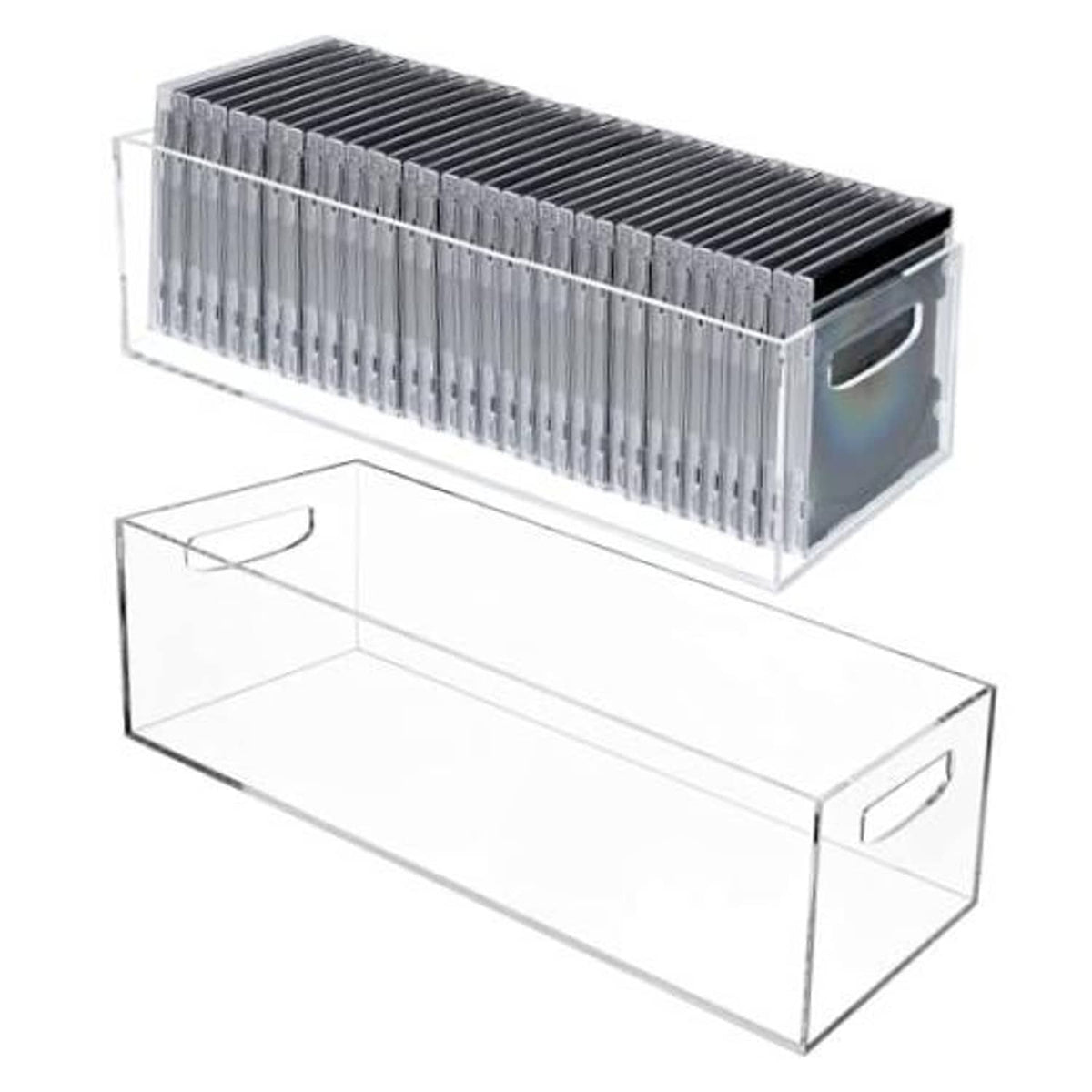 Clear acrylic DVD/CD storage case with stackable design and side carry handle
