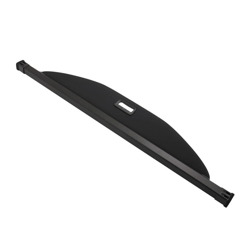 Retractable cargo cover luggage shade, close side view with center handle opening