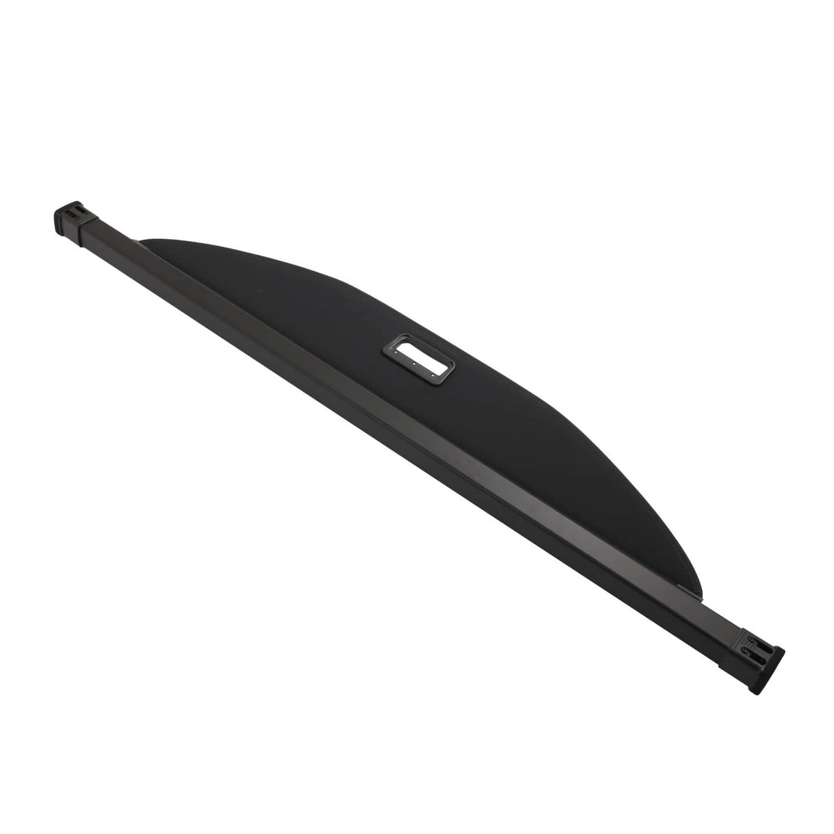 Retractable cargo cover luggage shade, close side view with center handle opening