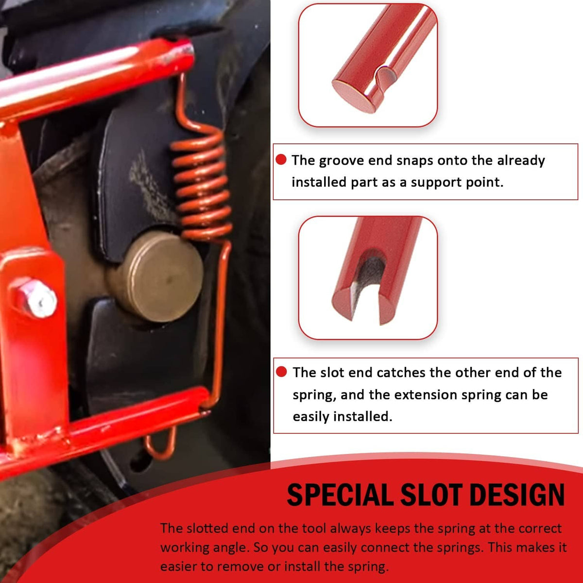Red brake spring installer tool with slotted end and grooved tip for spring support
