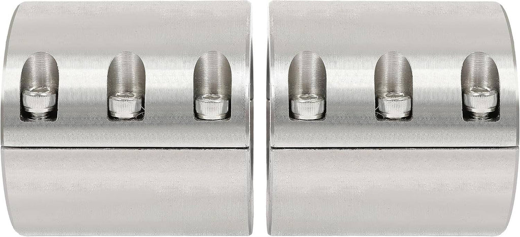 Pair of brushed metal tube clamps with three threaded bolt studs on front face