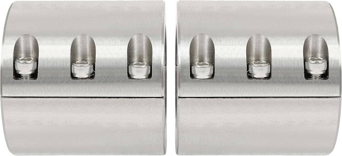 Pair of brushed metal tube clamps with three threaded bolt studs on front face
