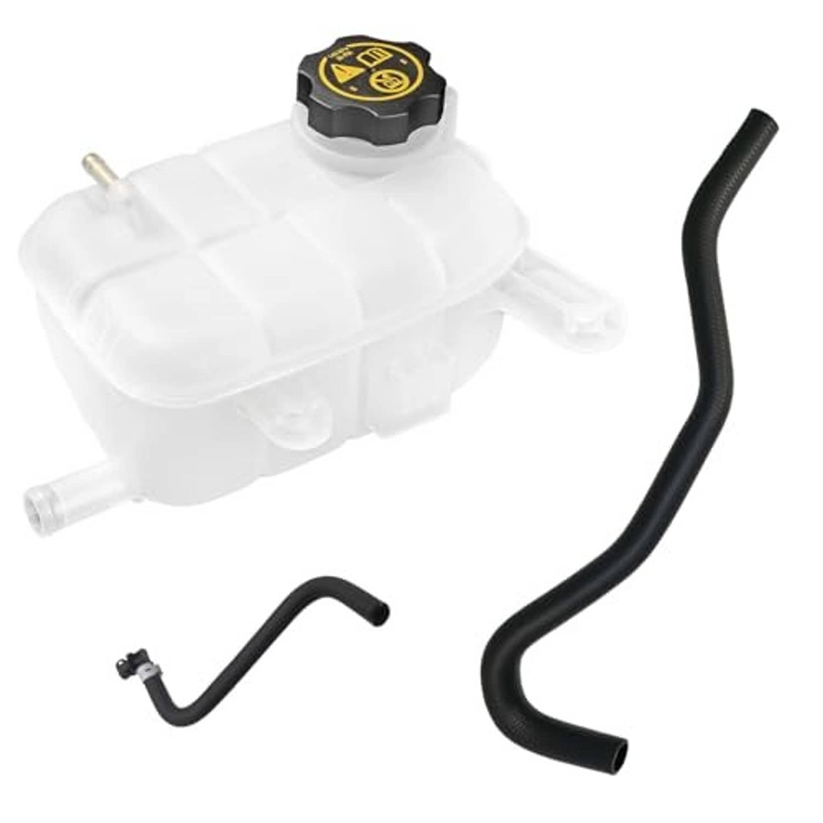 Coolant expansion tank with black air-bleed hose and white plastic reservoir, cap on top