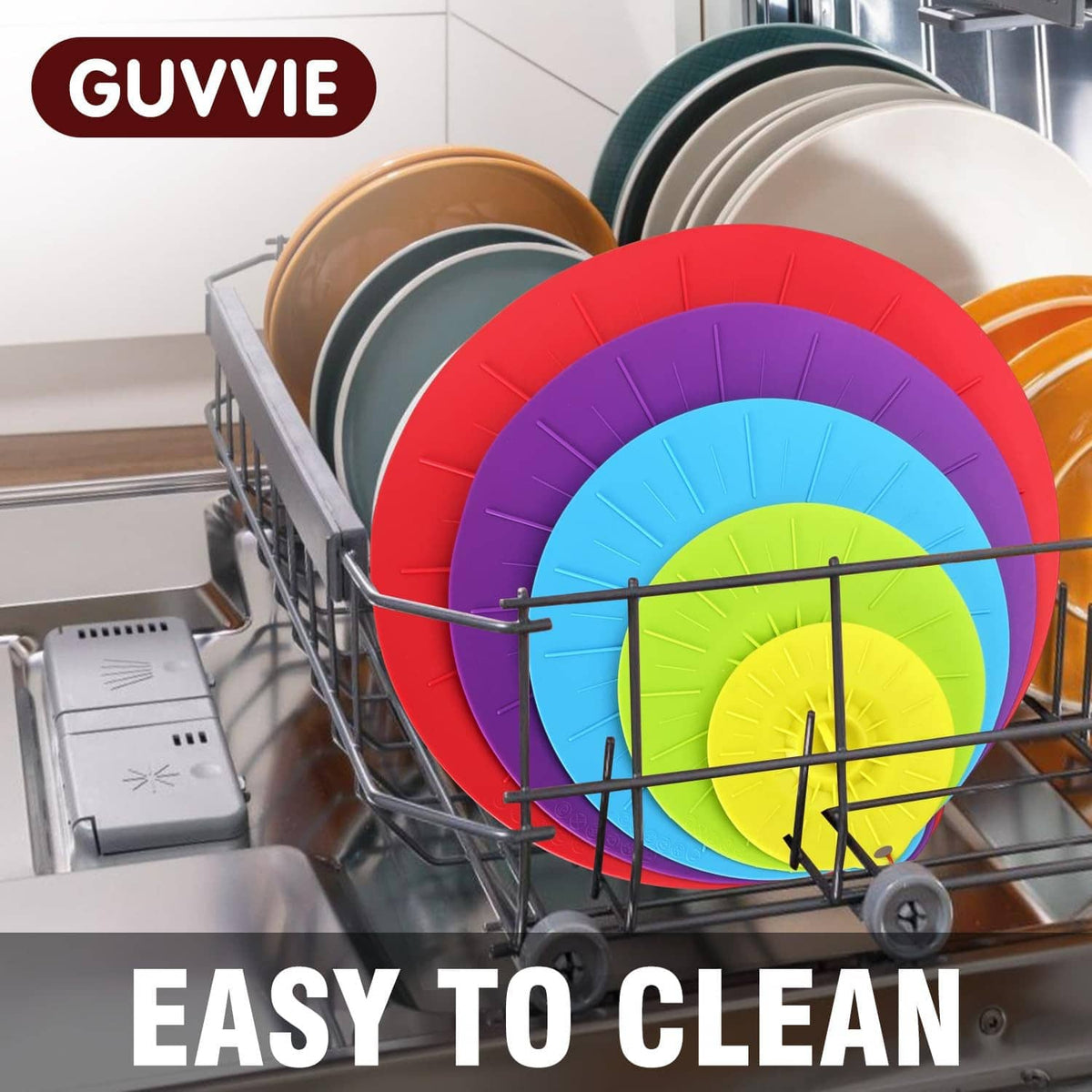 Reusable silicone lids stacked in a dish rack; multicolor circular lids
