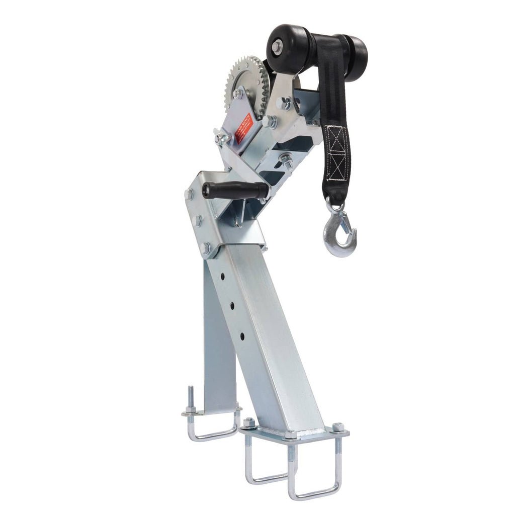 Adjustable winch stand with galvanized frame, pulley wheel, black strap, and hanging hook