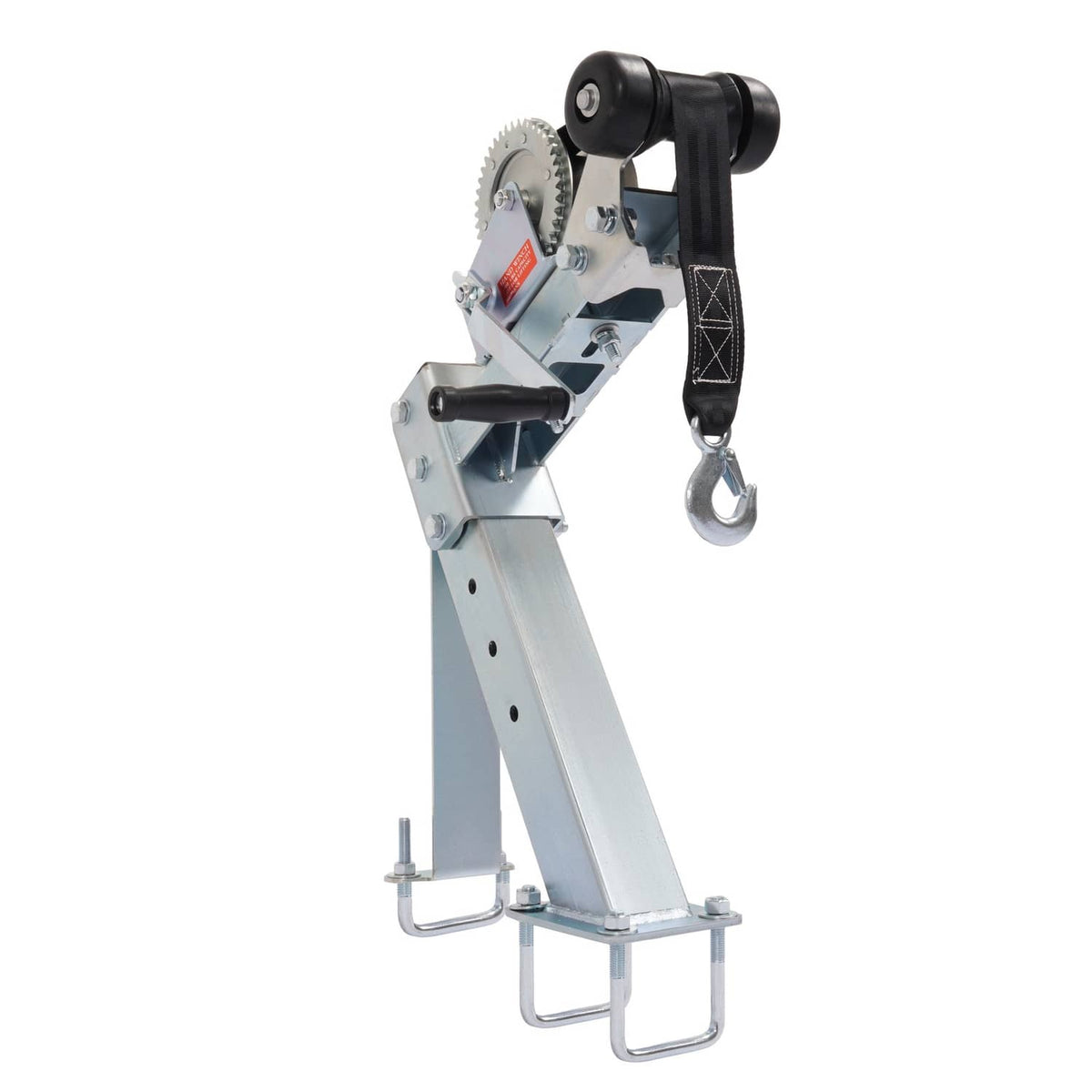 Adjustable winch stand with galvanized frame, pulley wheel, black strap, and hanging hook