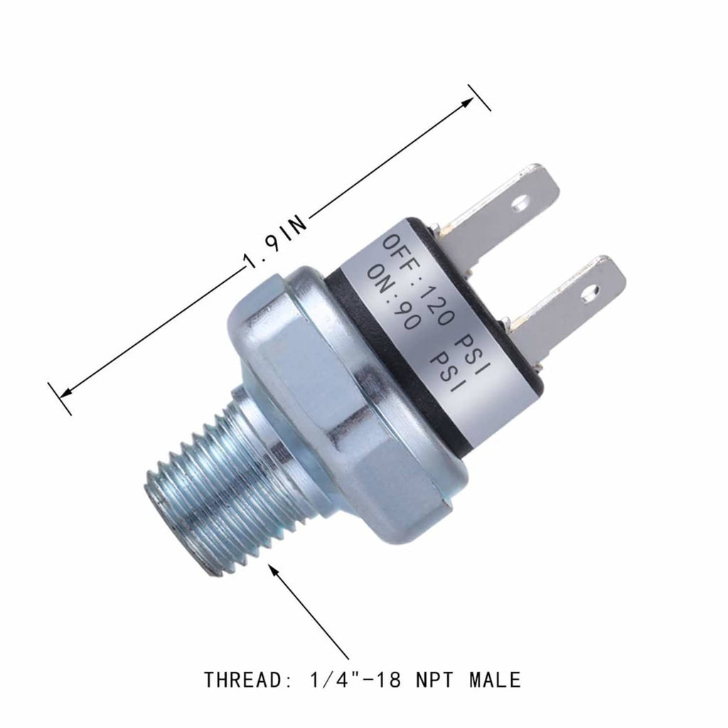 Air pressure switch with dimension callout and 1/4-18 NPT male threads, metal body