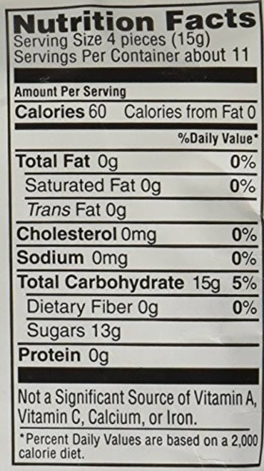 Claeys licorice hard candy nutrition facts panel, 4 pieces per serving
