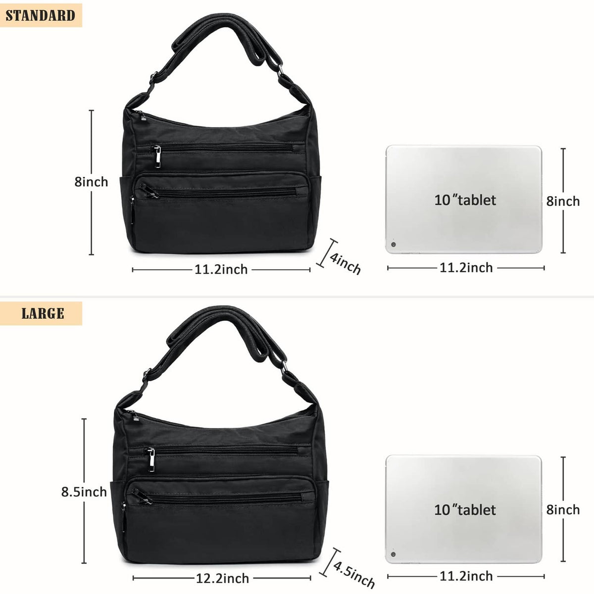 Black large crossbody purse with front zippers and strap, fits a 10in tablet