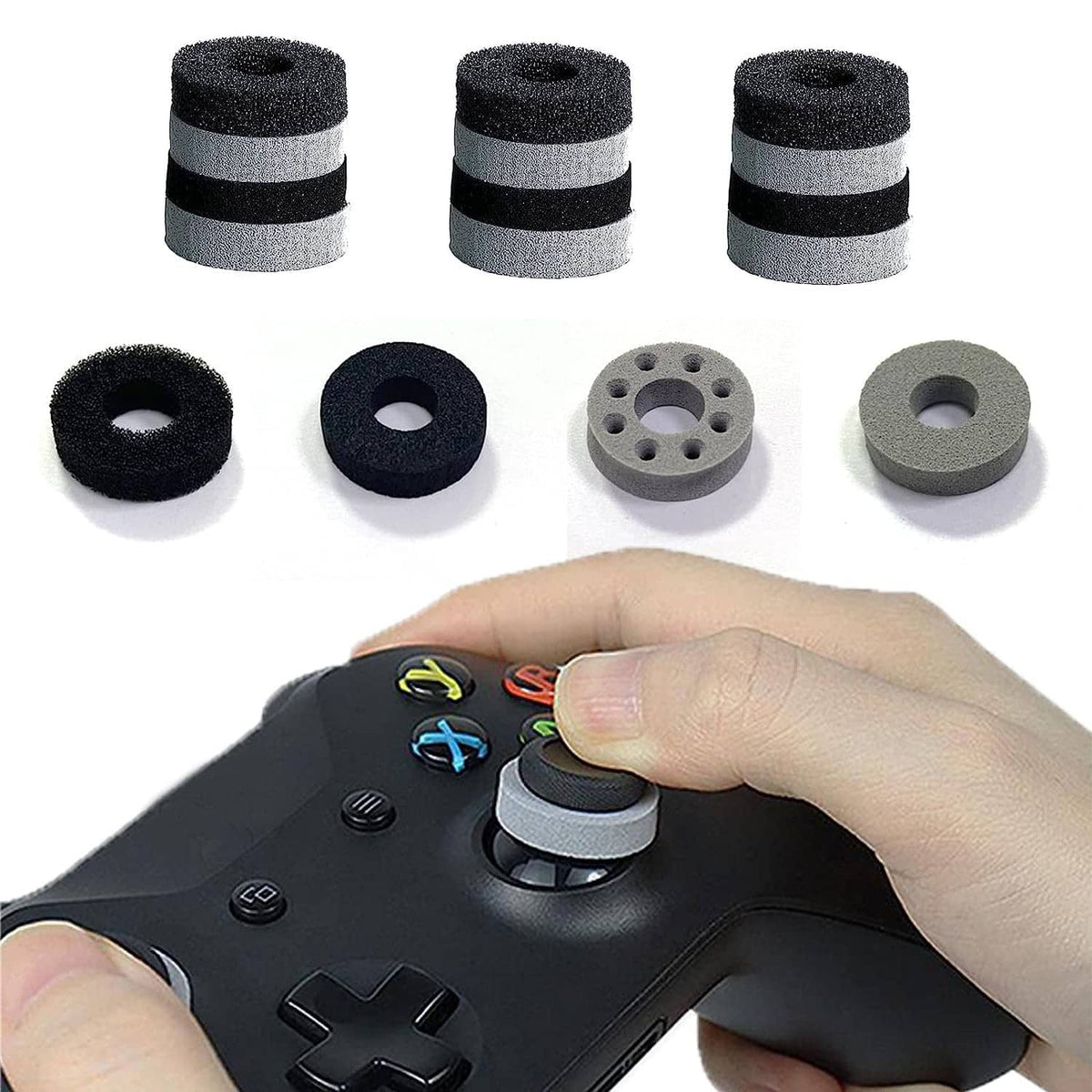 Aim assist thumbstick ring on black controller, gray ring shown in hand
