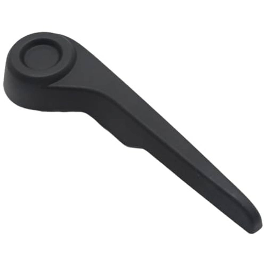 Black seat recliner handle lever with rounded circular button and long arm.