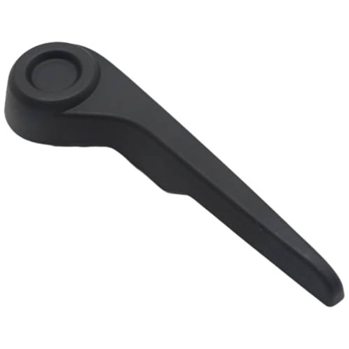 Black seat recliner handle lever with rounded circular button and long arm.