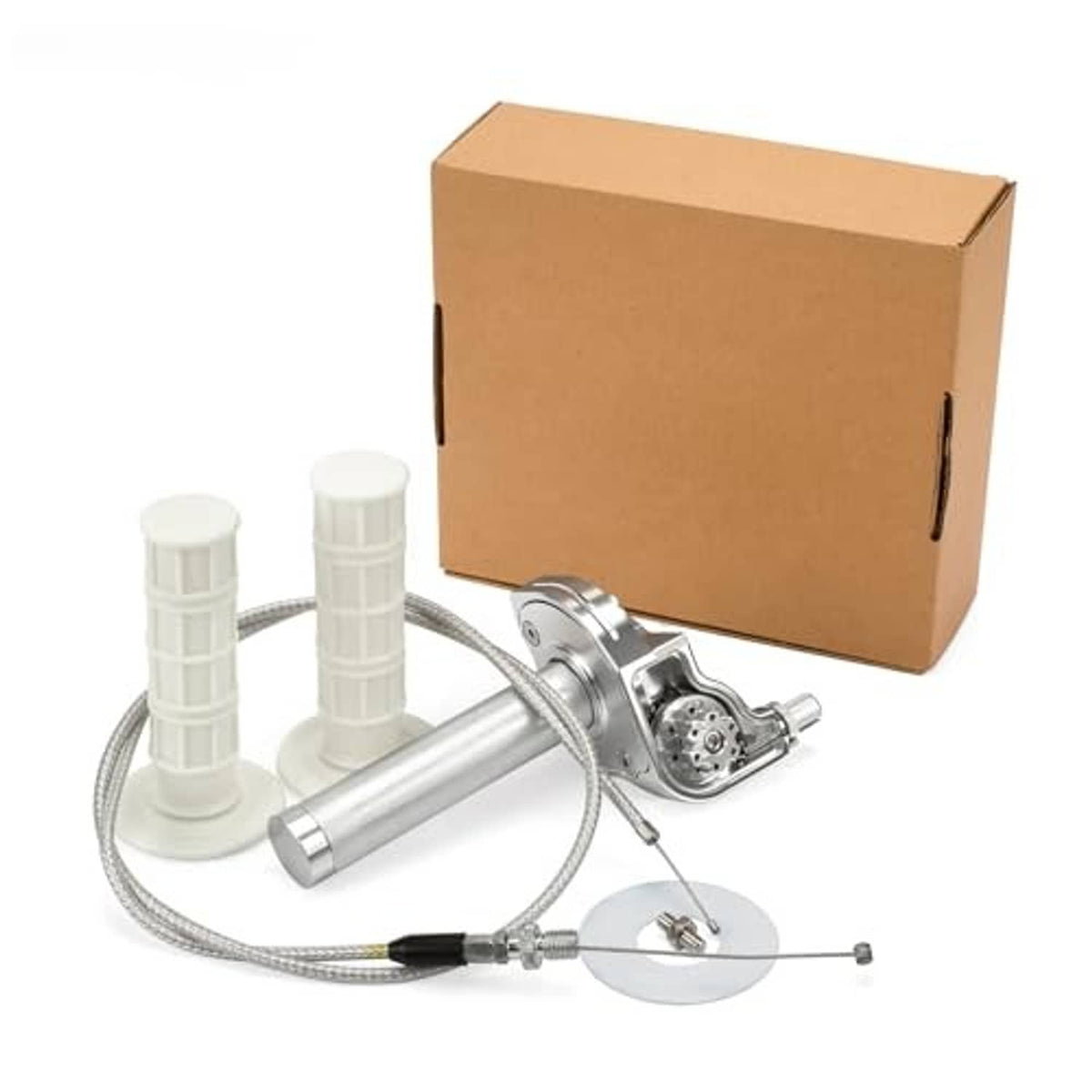 Mini bike throttle kit with silver twist throttle body and two white handlebar grips