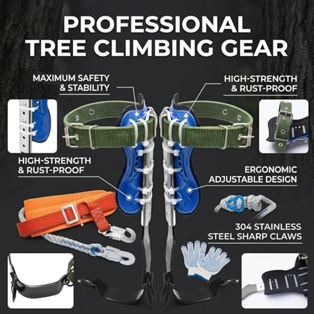 Tree climbing spikes set with blue leg braces, green belts, orange safety belt, black straps