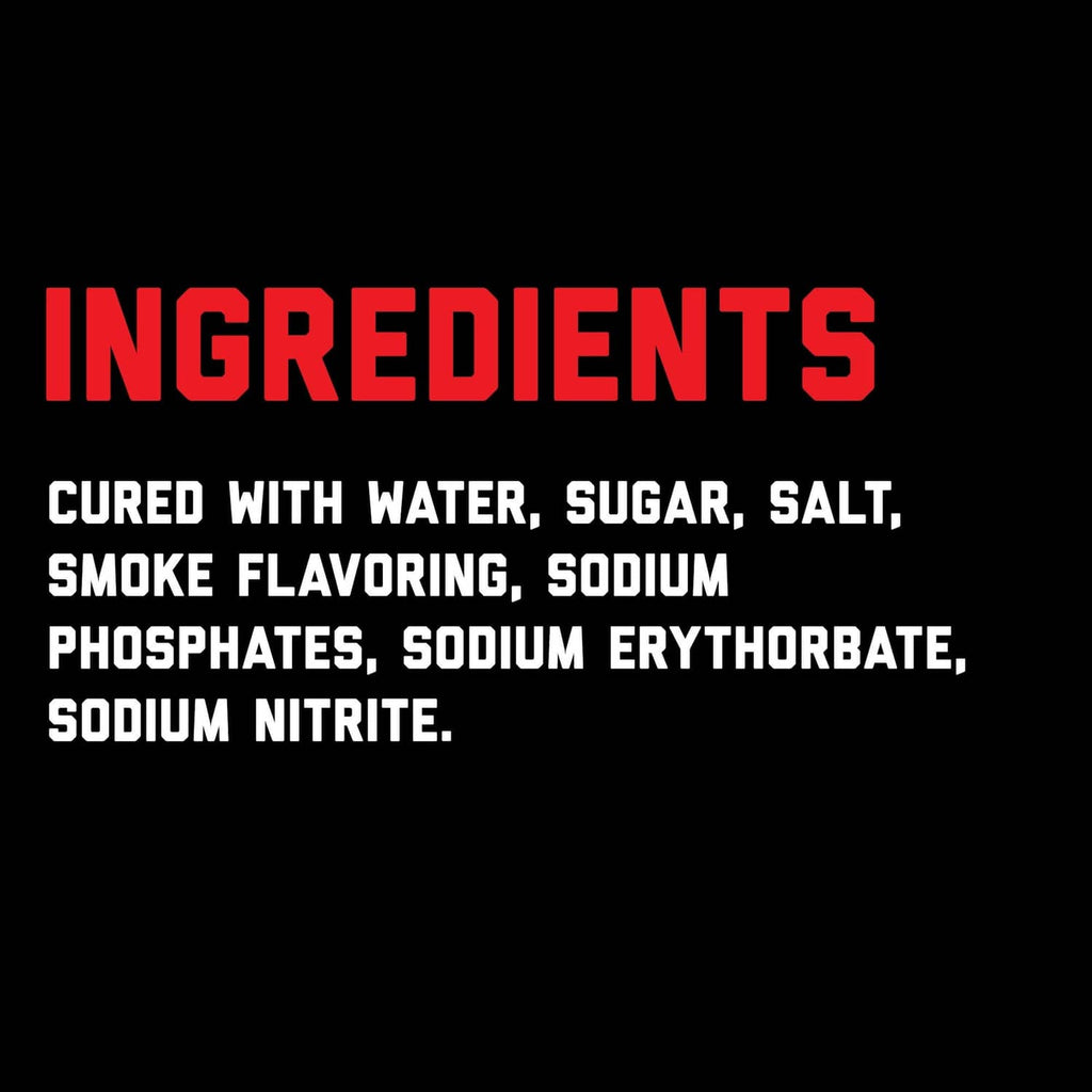 Ingredients panel for fully cooked bacon, cured with water, sugar, salt, smoke flavoring