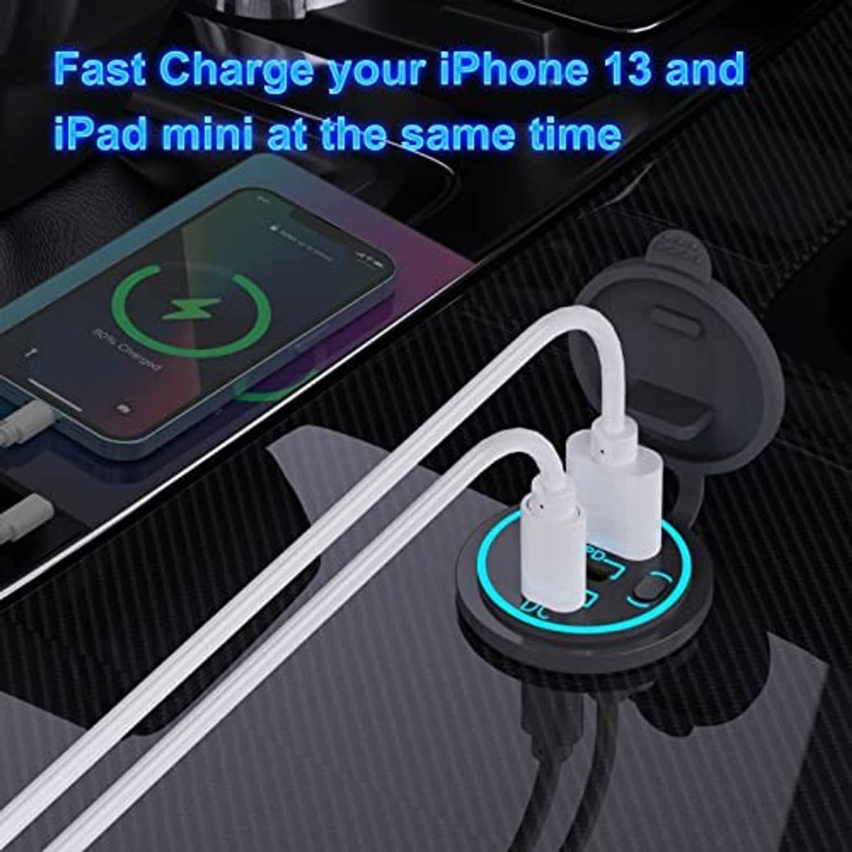 Black 12V car USB charger with blue-lit base and two connected USB cables