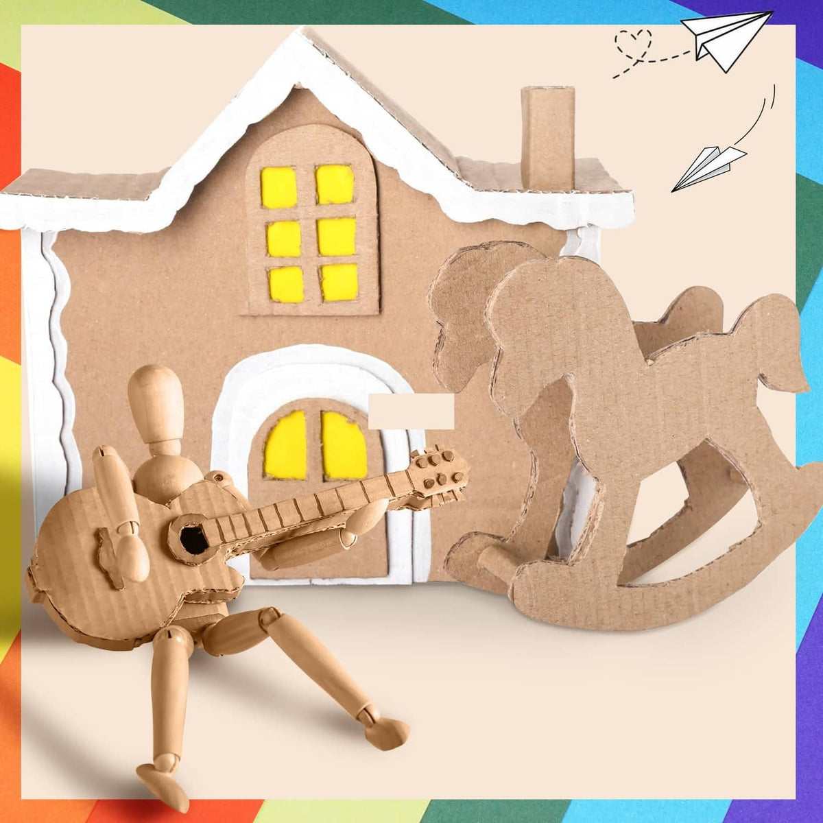 Brown corrugated cardboard pieces for DIY, house cutout and animal-like shapes