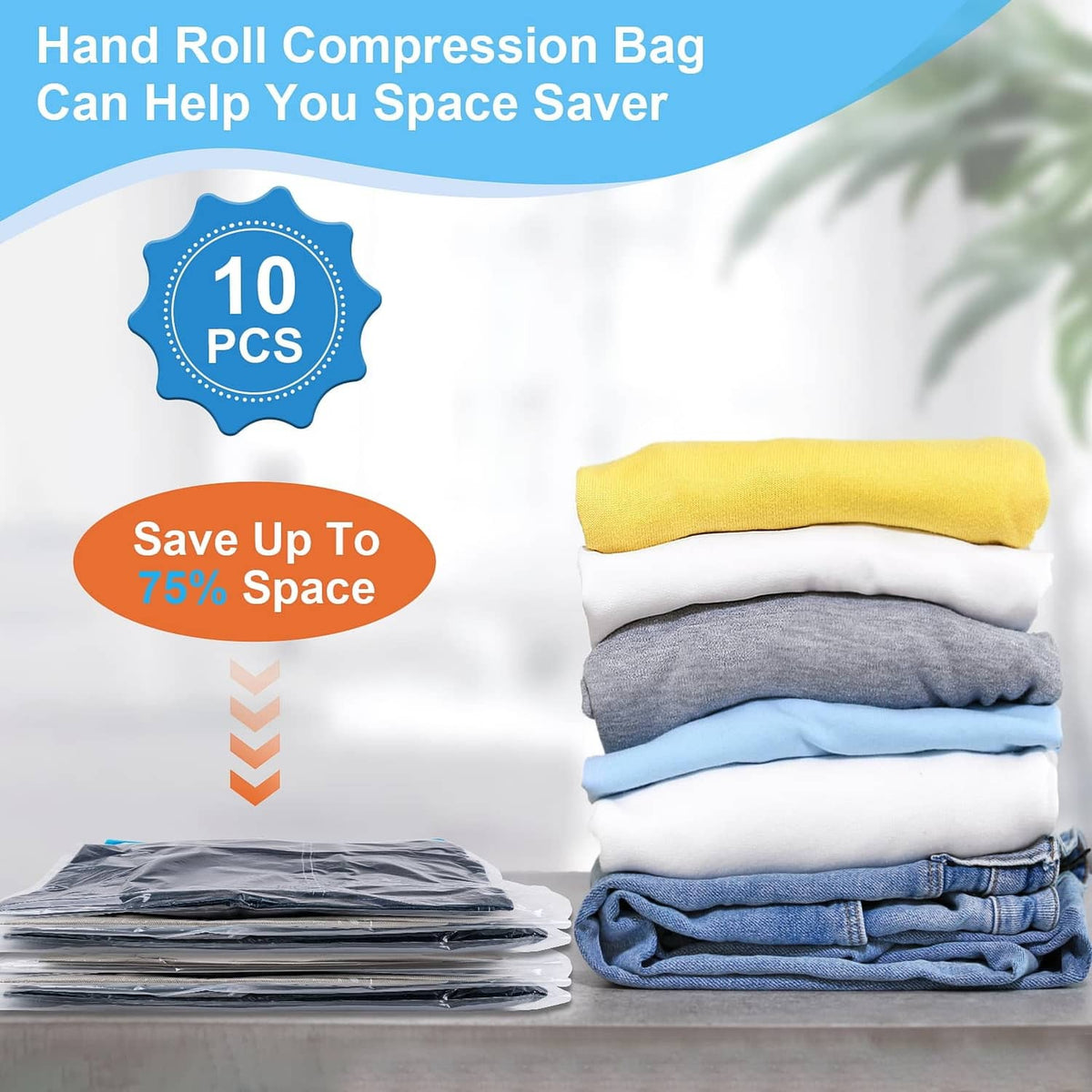 Gray compression bag set with rolled shirts and folded clothes, 10 pcs shown
