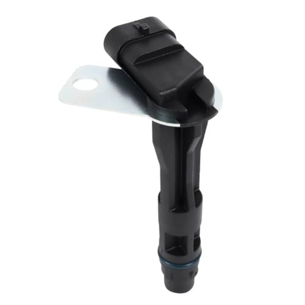Black camshaft position sensor with metal mounting bracket and electrical connector