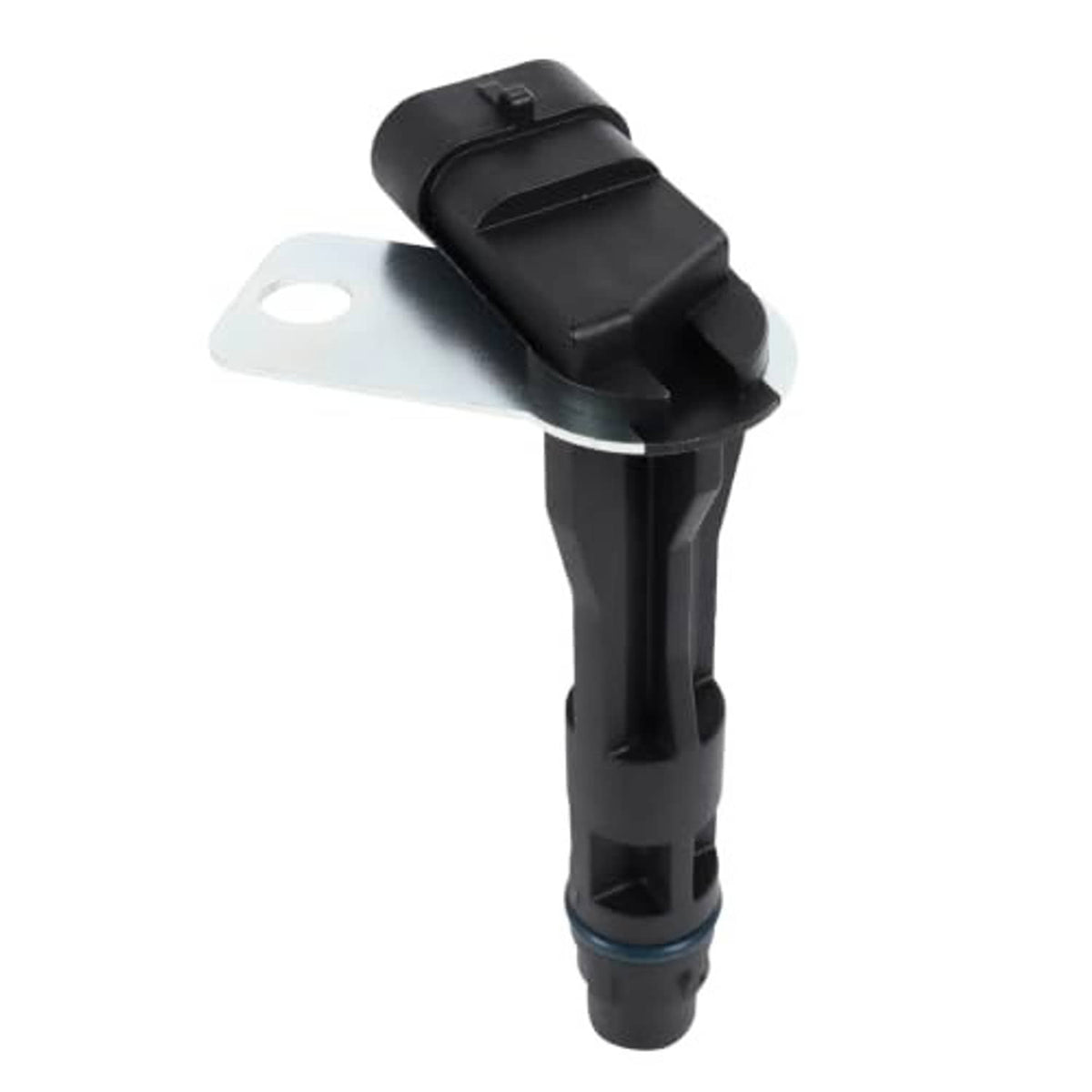 Black camshaft position sensor with metal mounting bracket and electrical connector