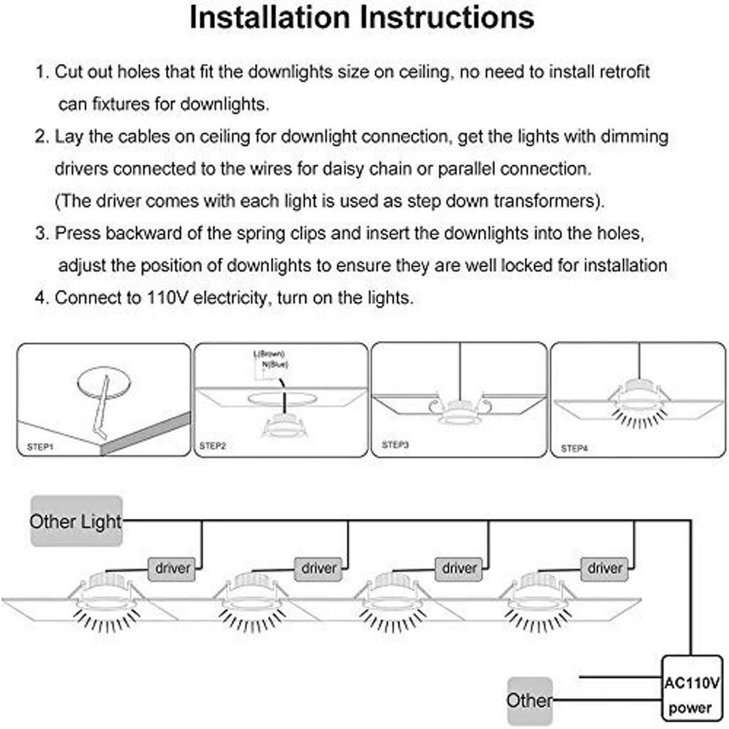 Installation diagram for recessed LED downlight wiring and mounting steps