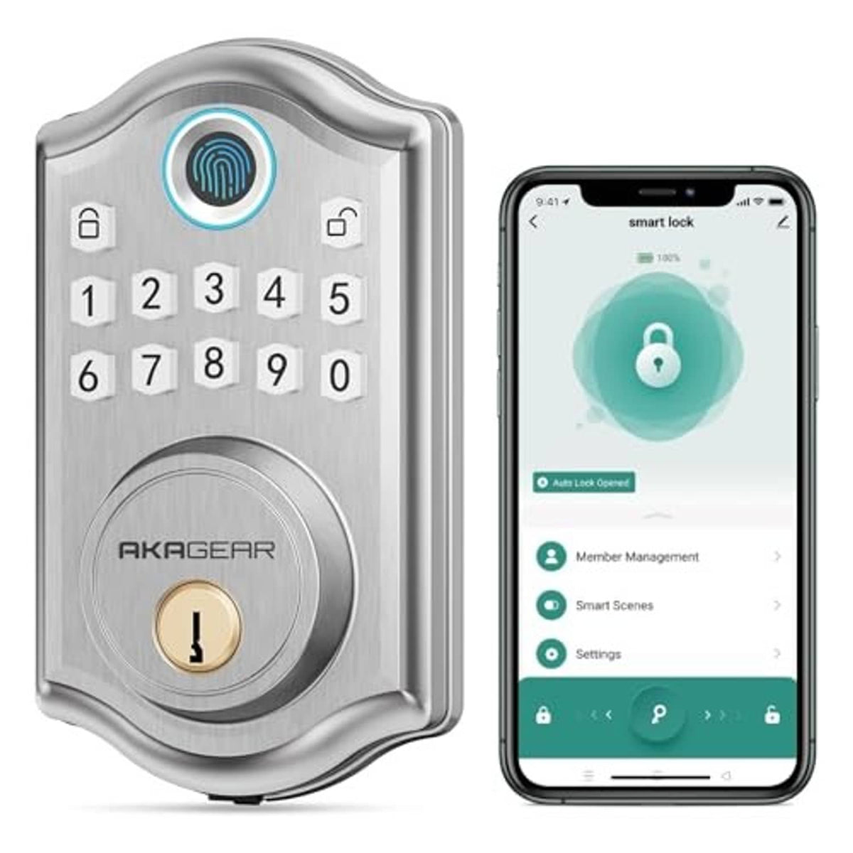Electronic door lock with numeric keypad, fingerprint sensor, and smartphone app display