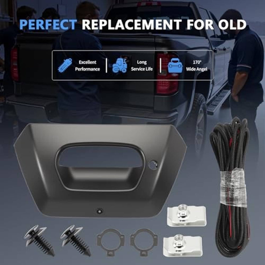 Matte black tailgate handle bezel trim with backup camera and full mounting hardware and cable