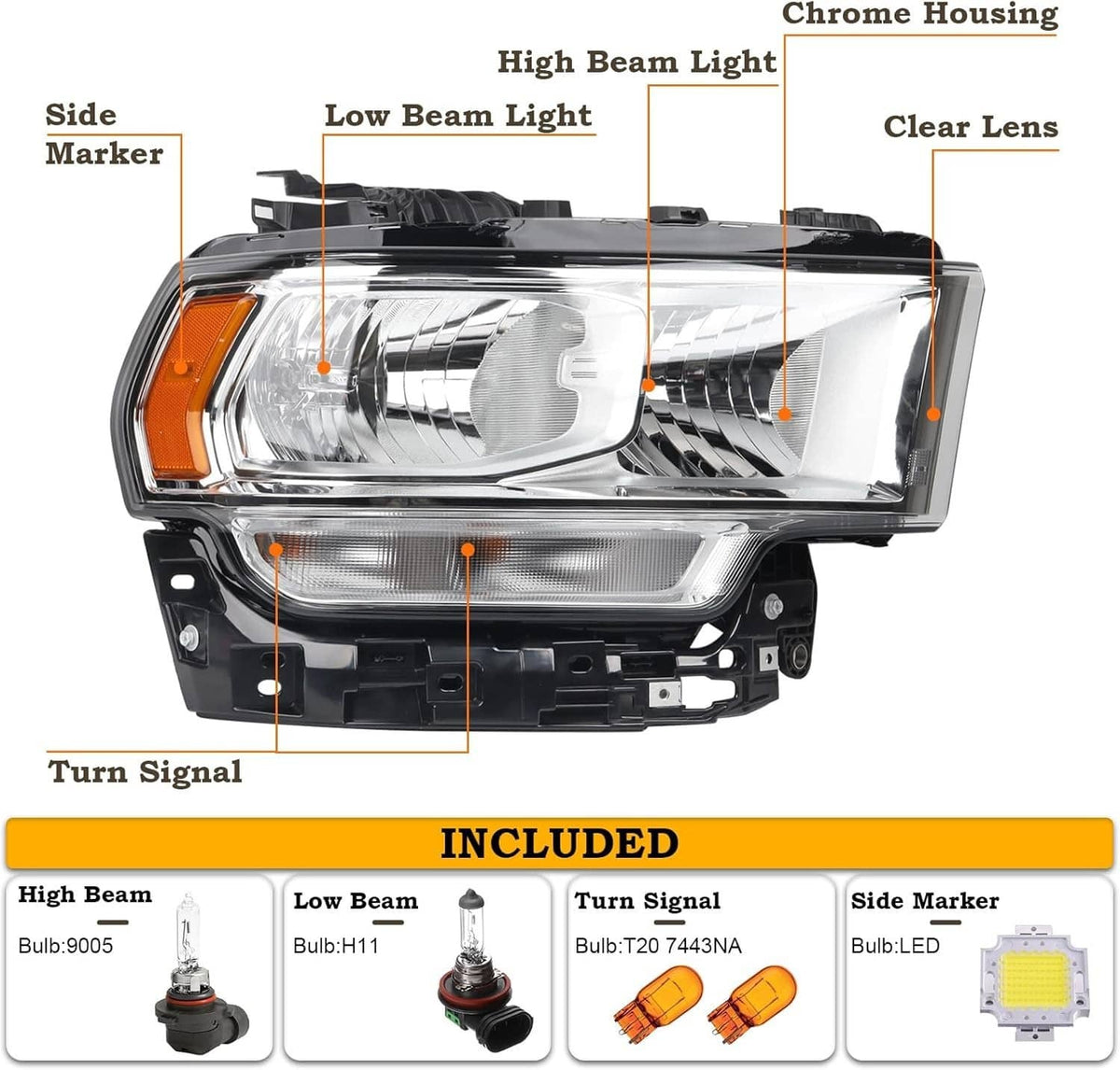 Chrome headlight with clear lens: low/high beam, turn signal, side marker