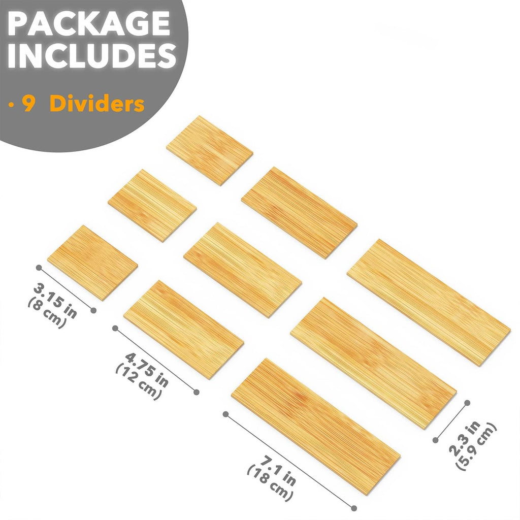 Bamboo drawer divider inserts, 9-piece set in three sizes with marked dimensions