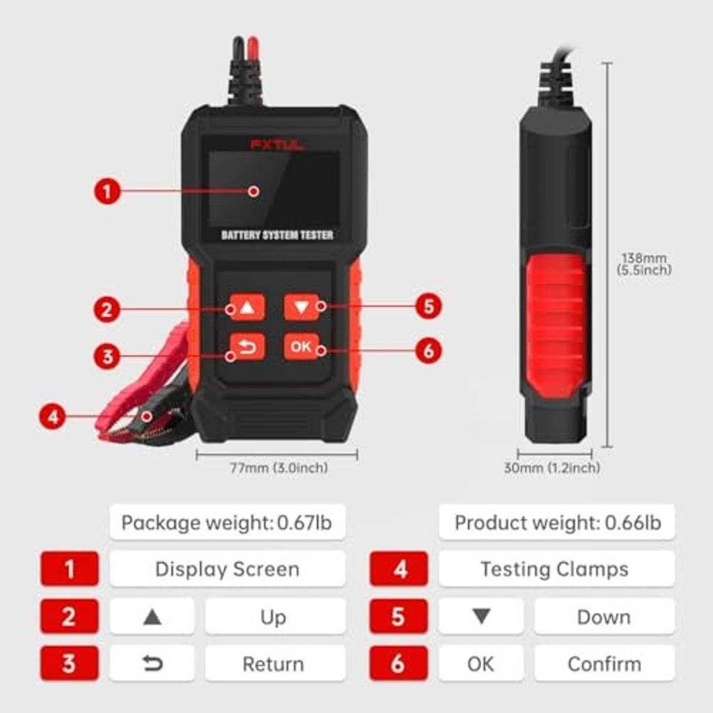 Battery system tester with labeled display screen, buttons, testing clamps and dimensions