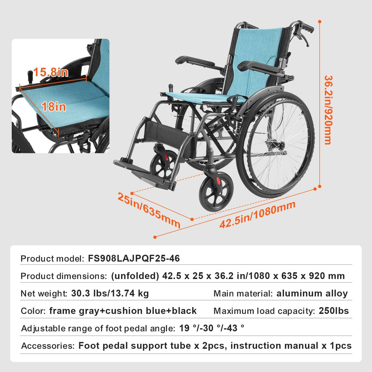 Foldable manual wheelchair in side view with blue seat cushion and large rear wheels