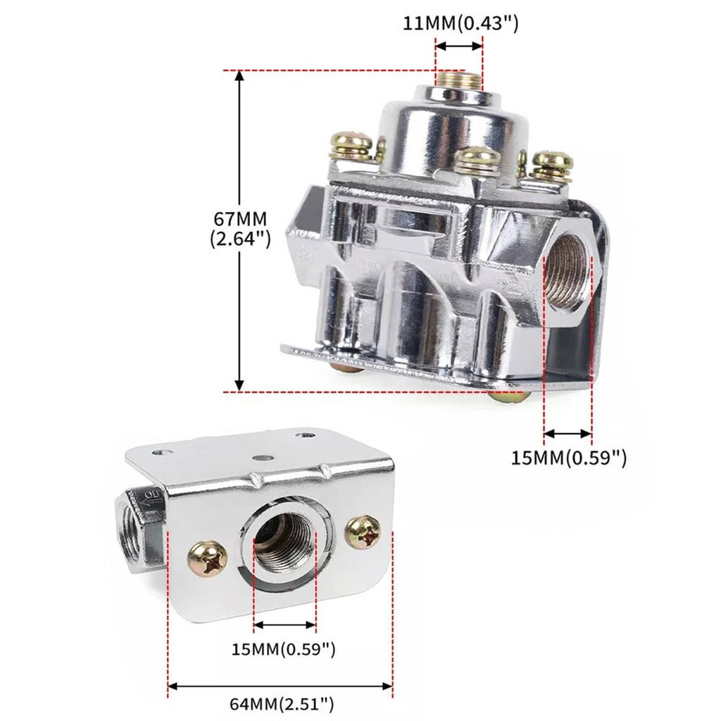 Chrome fuel pressure regulator with dimensions diagram and threaded side ports