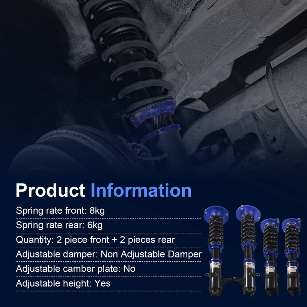 Set of four blue coilover shock struts with black dampers and metal springs