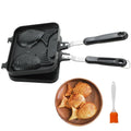 Black square taiyaki waffle maker pan with hinged handle and fish-shaped molds