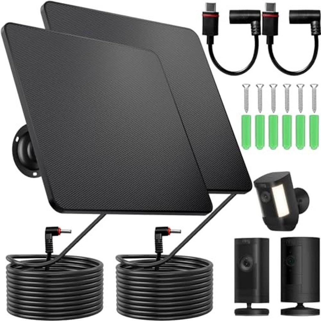 Black solar panel charger set with two panels, coiled cable, and mounting bracket clips