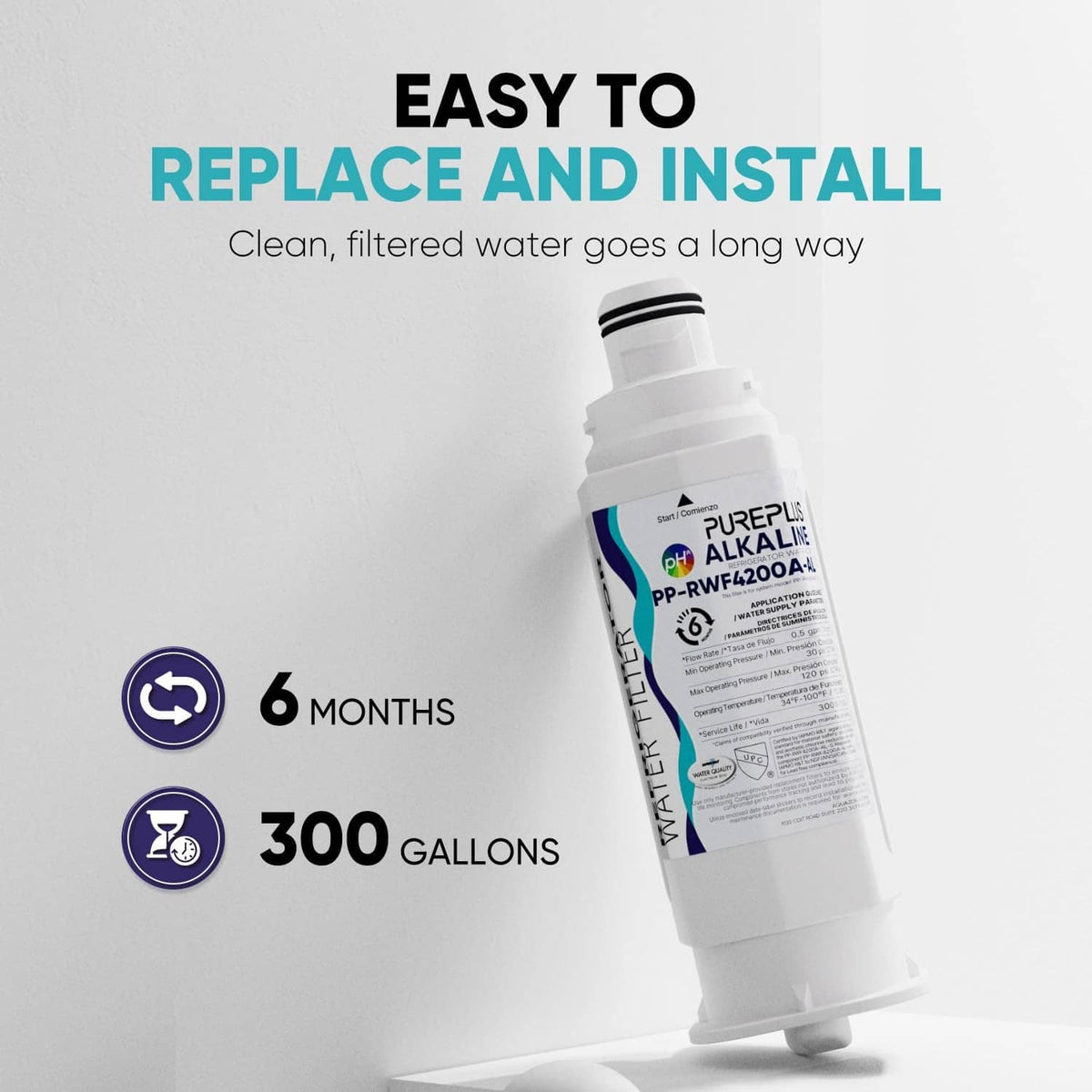 White replacement water filter cartridge with easy install and usage timeframe indicators