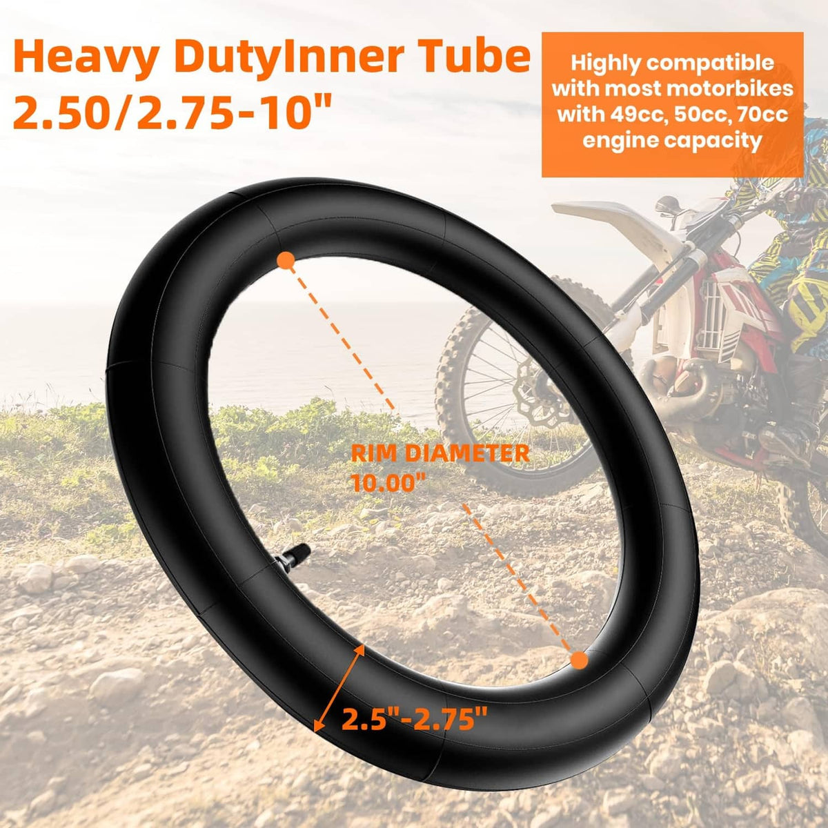 Heavy duty inner tube with valve stem, black rubber tube for 2.50-10 tires